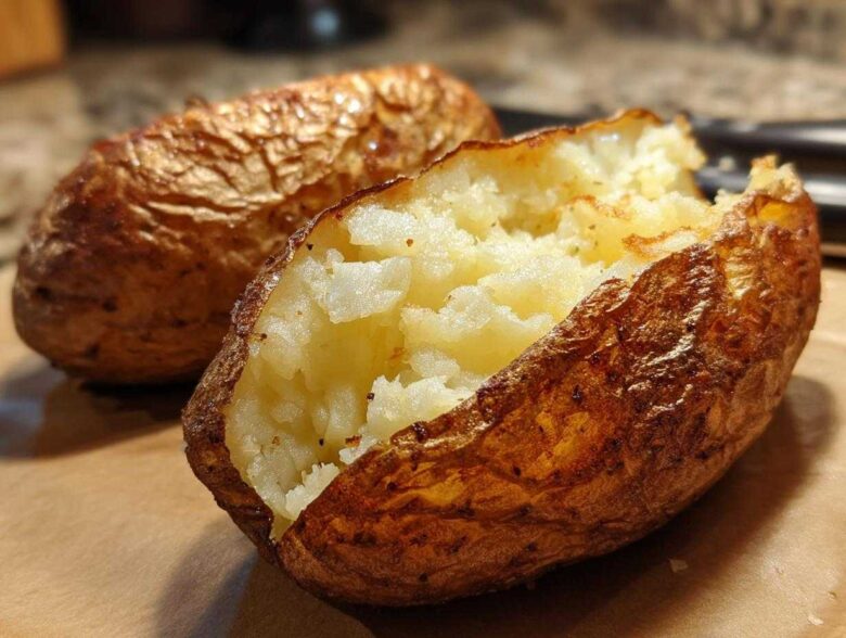 Close-up of a perfectly cooked air fryer baked potato, split open to show fluffy interior and crispy skin.