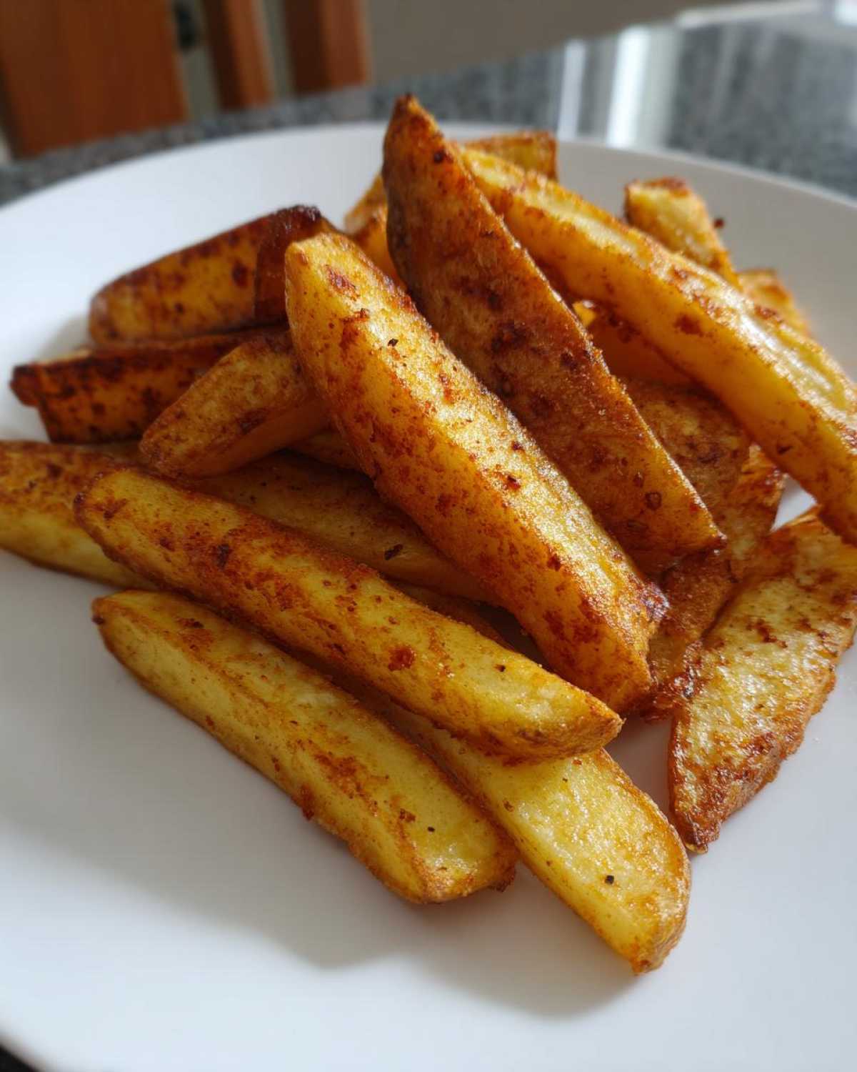 Close-up of golden brown, seasoned air fryer potato wedges piled high on a white plate.