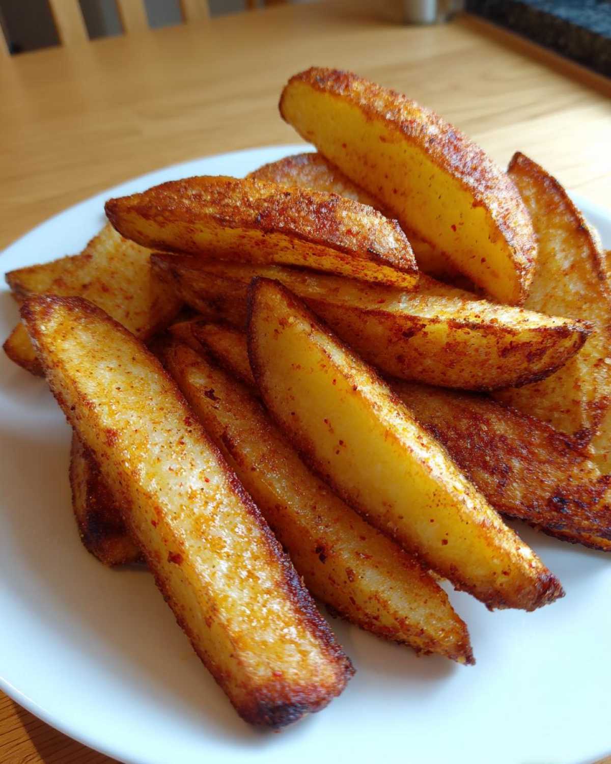 A close-up of golden brown, seasoned air fryer potato wedges piled high on a white plate.