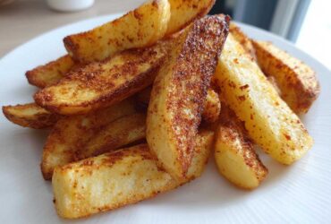A close-up of golden brown, seasoned air fryer potato wedges piled high on a white plate.