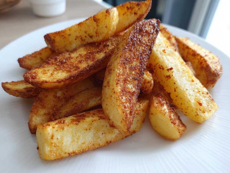 A close-up of golden brown, seasoned air fryer potato wedges piled high on a white plate.
