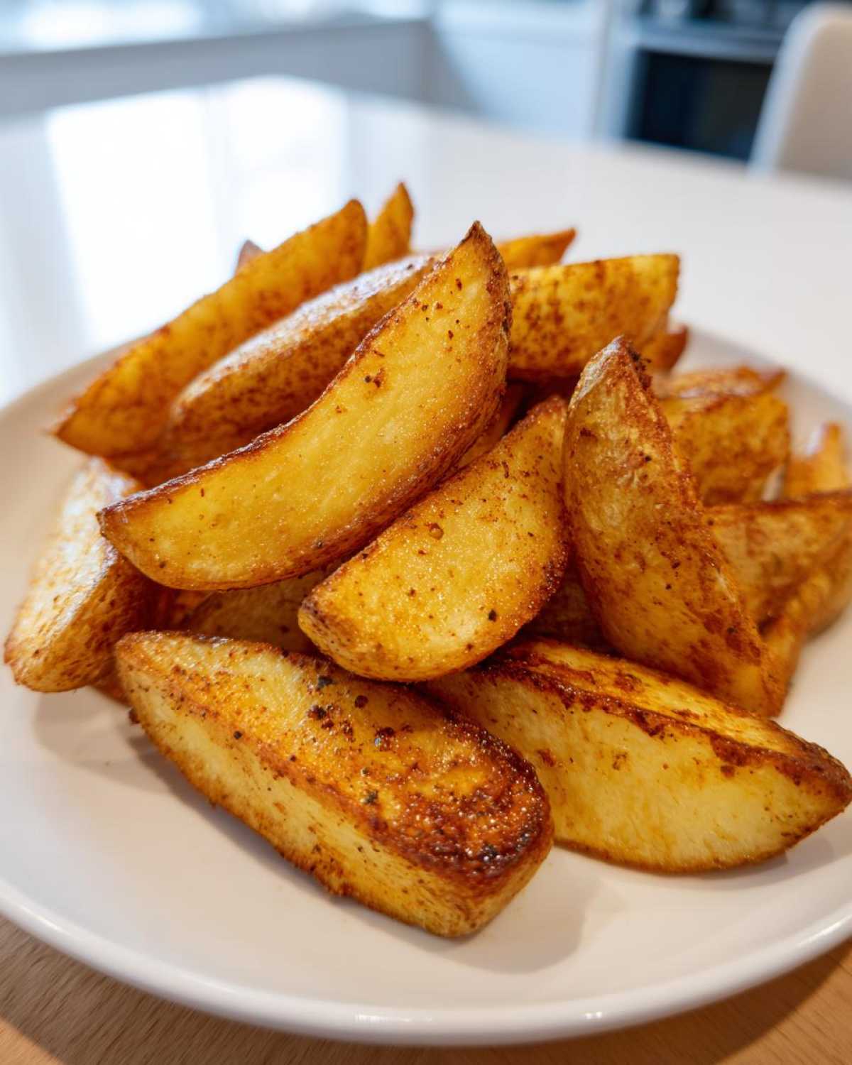 A close-up of perfectly cooked, golden brown air fryer potato wedges piled high on a white plate.