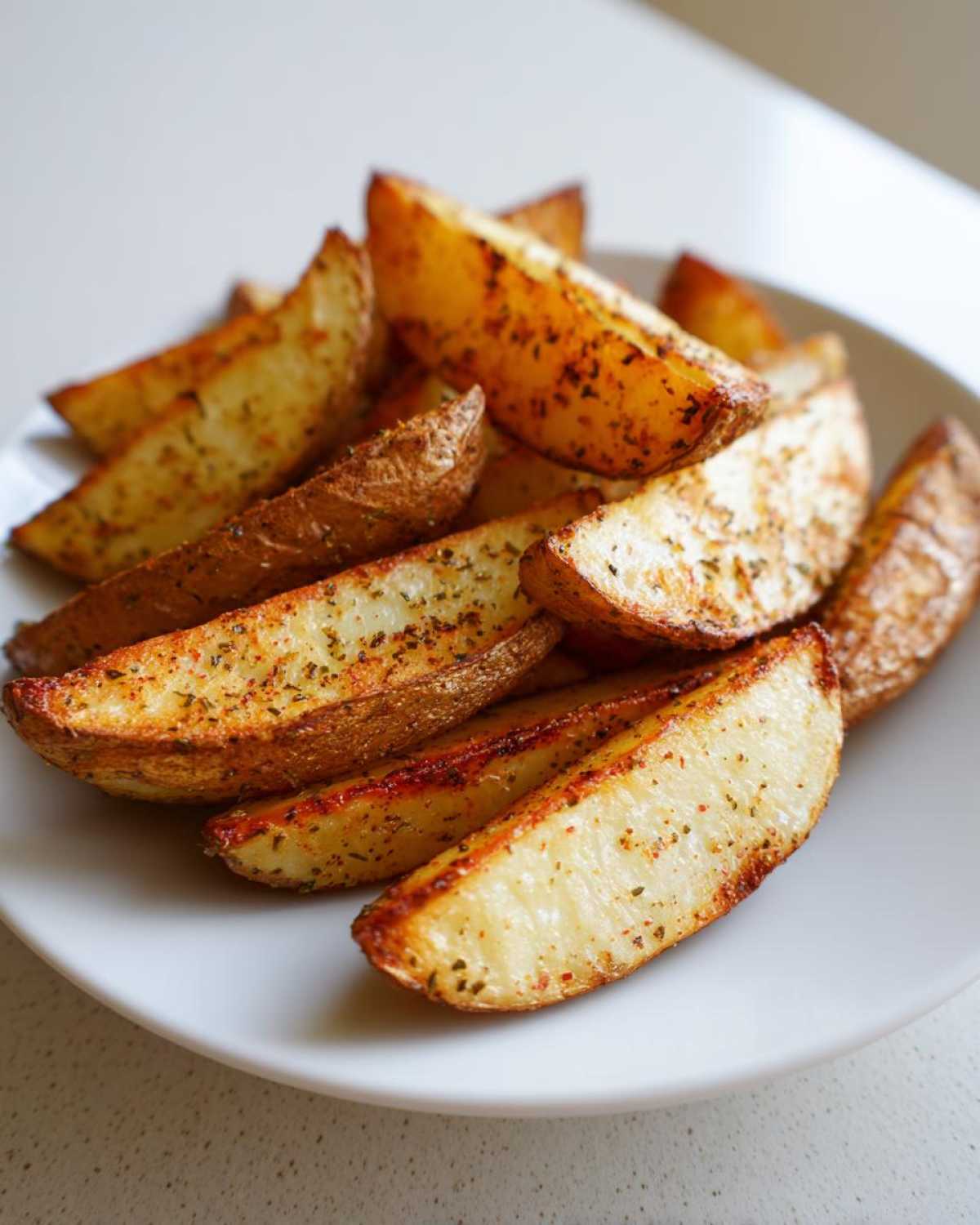 A close-up of golden brown, seasoned air fryer potato wedges piled on a white plate.
