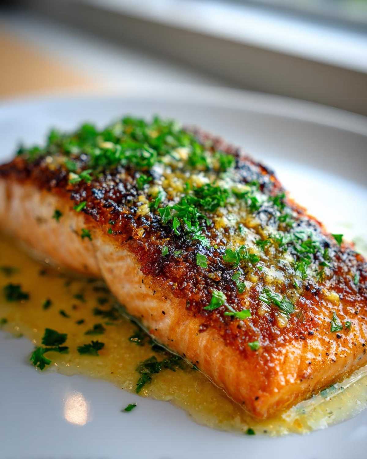 Close-up of a perfectly cooked air fryer salmon fillet topped with garlic and fresh parsley, resting in butter sauce.