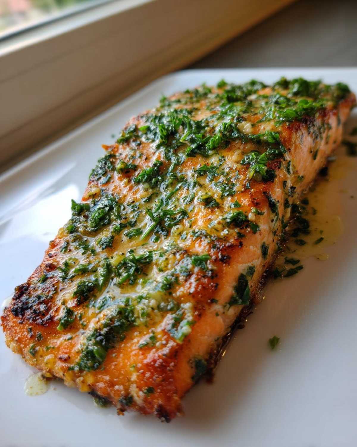 A close-up of a moist, golden-brown air fryer salmon fillet topped generously with melted butter and fresh chopped parsley.