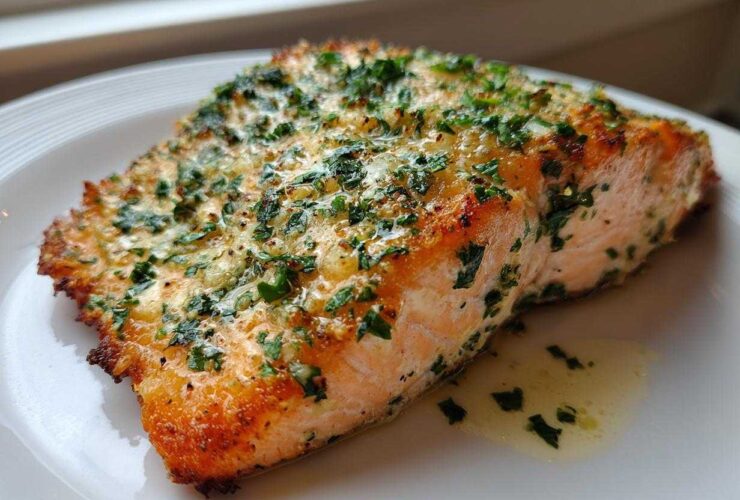 Close-up of a flaky, golden-brown piece of air fryer salmon topped with melted butter and fresh parsley.