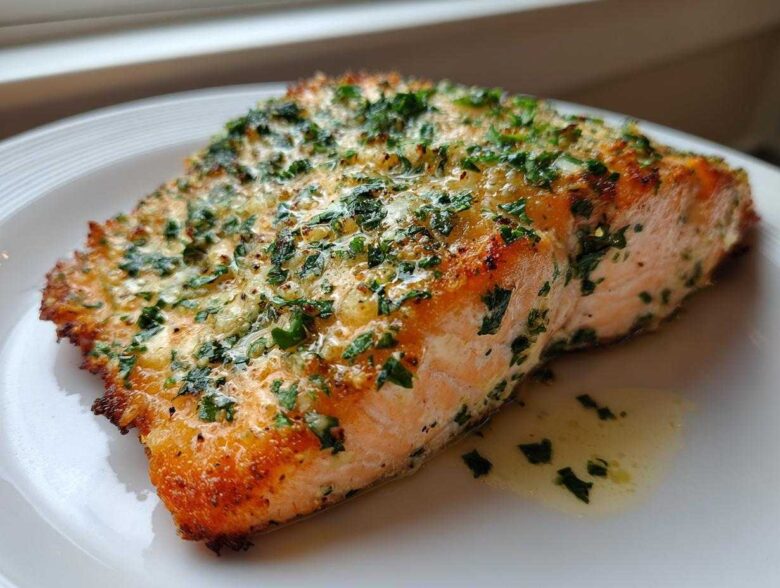 Close-up of a flaky, golden-brown piece of air fryer salmon topped with melted butter and fresh parsley.