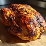 A whole chicken cooked to a deep golden brown and crispy skin, resting on a wooden cutting board after being made in the air fryer whole chicken recipe.
