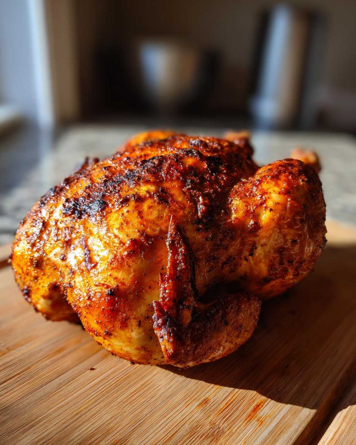 A beautifully browned and crispy air fryer whole chicken resting on a wooden cutting board, ready to carve.