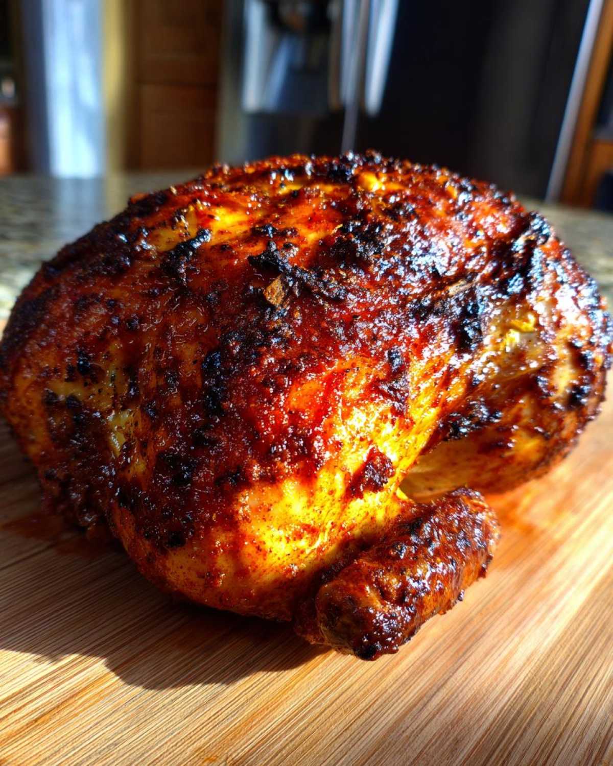 A perfectly cooked, whole chicken with dark, crispy, seasoned skin, resting on a wooden cutting board.