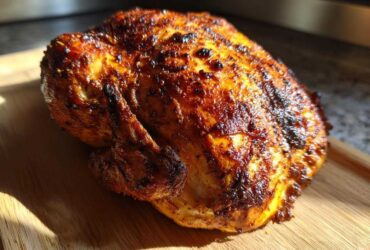 A whole chicken cooked to a deep golden brown and crispy skin, resting on a wooden cutting board after being made in the air fryer whole chicken recipe.