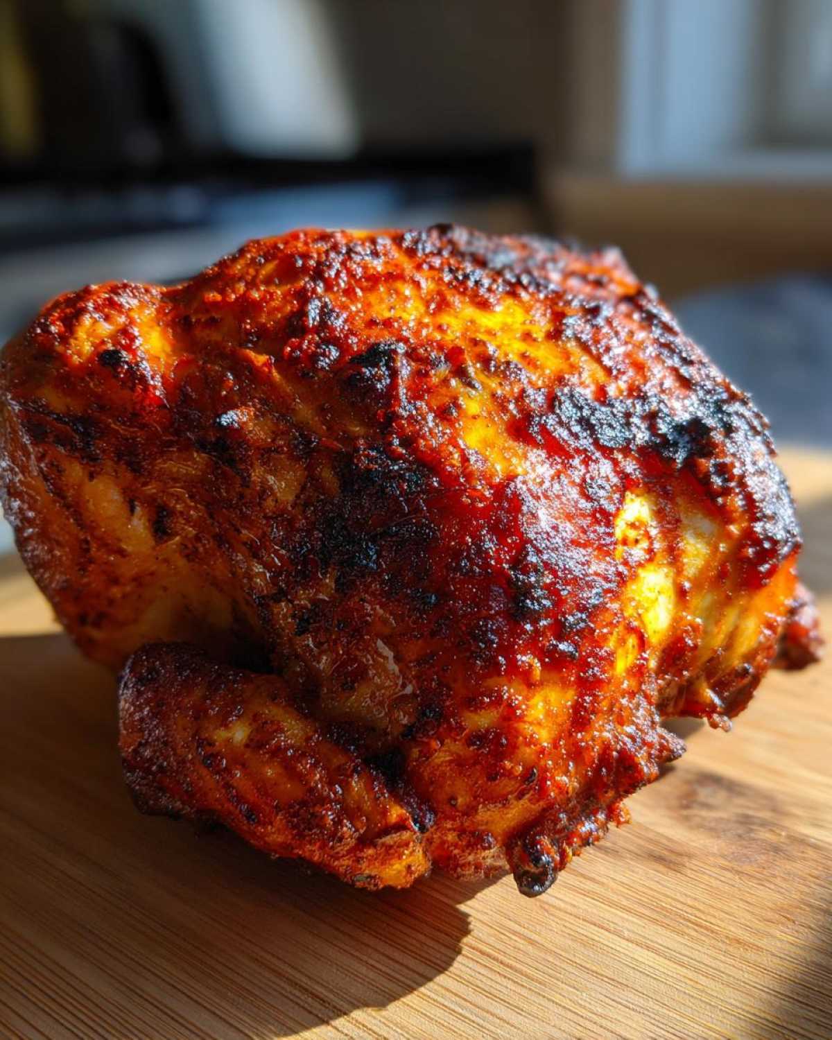 A close-up of a beautifully browned and seasoned air fryer whole chicken resting on a wooden cutting board.