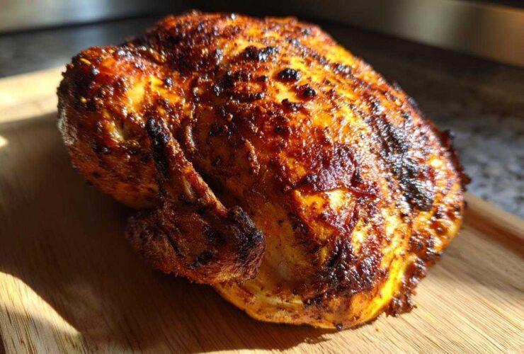 A whole chicken cooked to a deep golden brown and crispy skin, resting on a wooden cutting board after being made in the air fryer whole chicken recipe.
