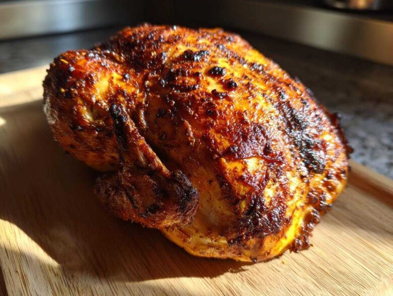 A whole chicken cooked to a deep golden brown and crispy skin, resting on a wooden cutting board after being made in the air fryer whole chicken recipe.