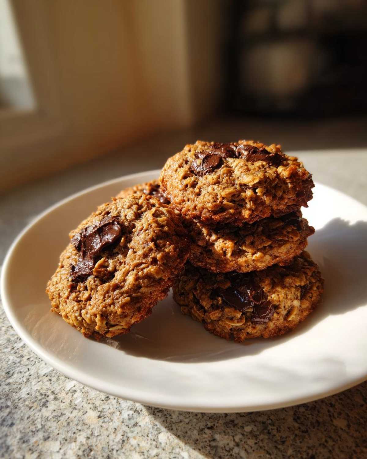 A stack of four delicious, textured oatmeal cookie treats studded with melted chocolate chips, sitting on a white plate.