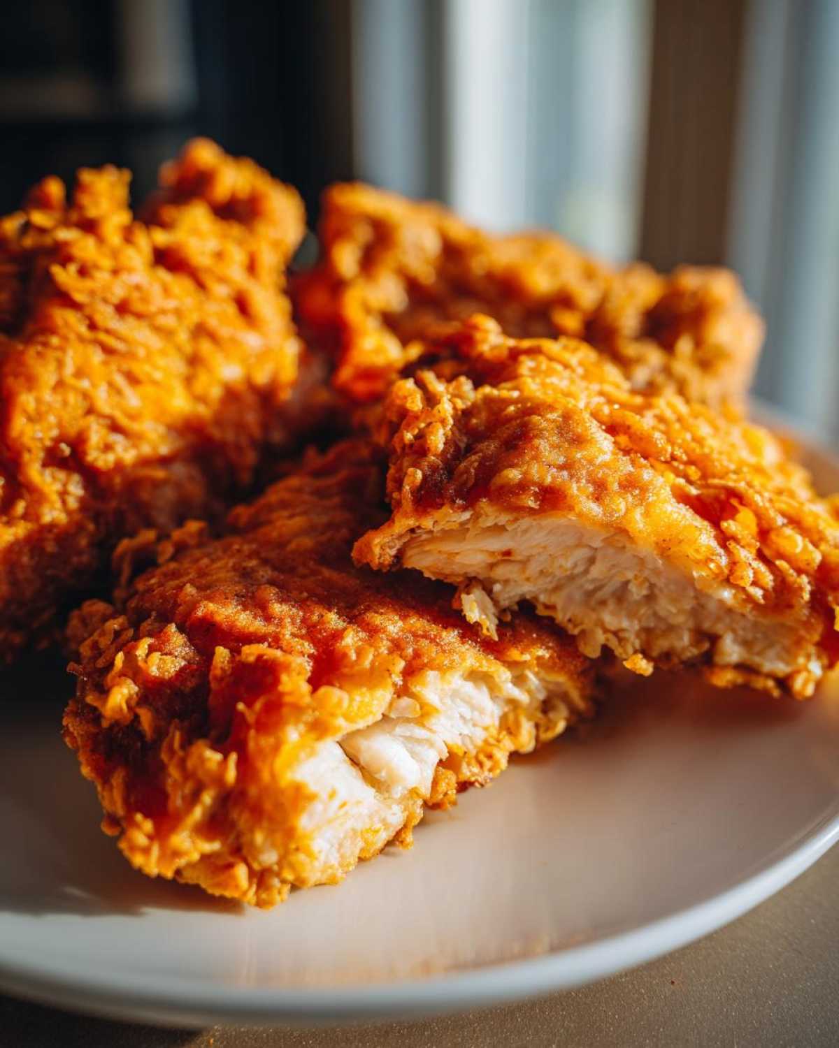 Close-up of perfectly cooked fried chicken, showing the crispy, golden-brown exterior and juicy white meat inside.