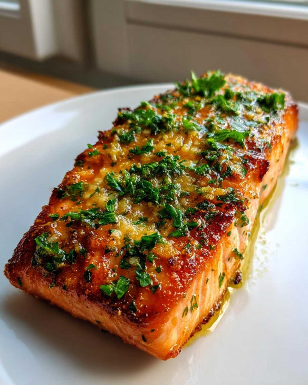 A close-up of a thick, golden-brown air fryer salmon fillet topped with melted butter, garlic, and fresh parsley.