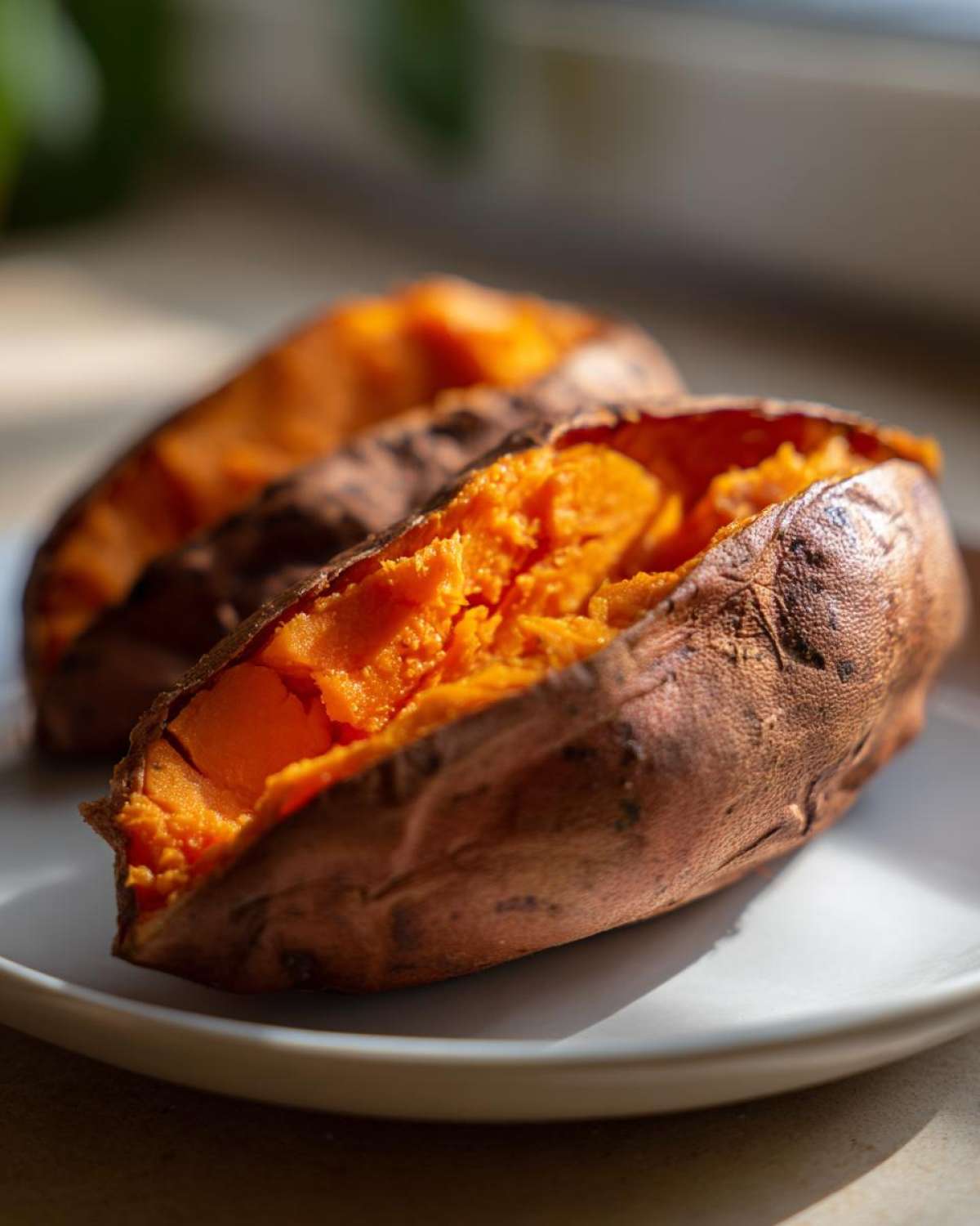 Close-up of a perfectly baked sweet potato, split open to show the bright orange, fluffy interior.