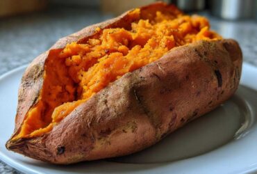 A close-up of a perfectly baked sweet potato, split open to show the fluffy, orange interior seasoned with pepper.