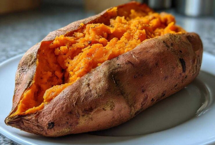 A close-up of a perfectly baked sweet potato, split open to show the fluffy, orange interior seasoned with pepper.