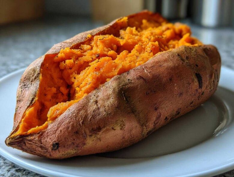 A close-up of a perfectly baked sweet potato, split open to show the fluffy, orange interior seasoned with pepper.