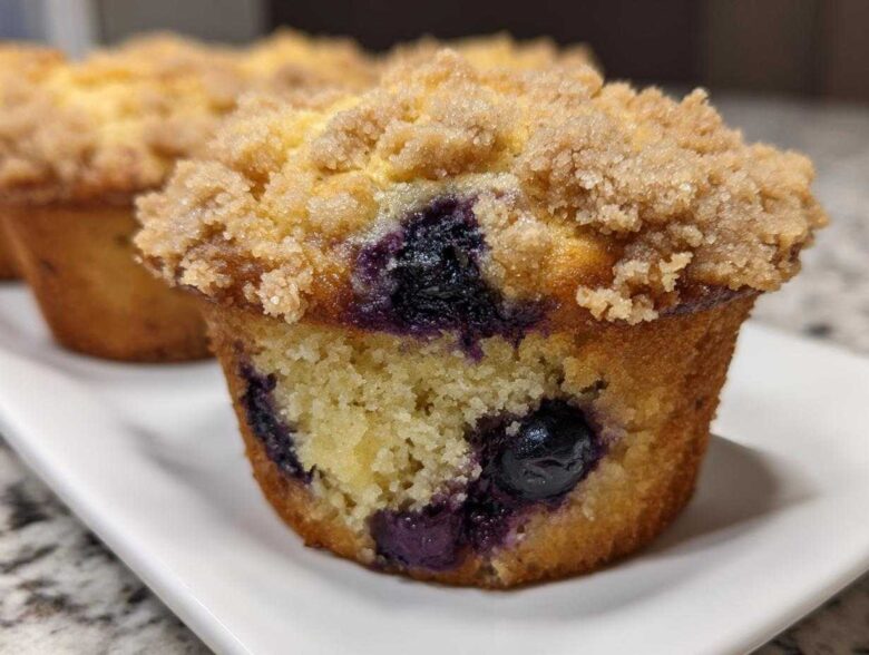 A close-up view of a moist blueberry muffin featuring visible blueberries and a thick, sugary crumb topping.