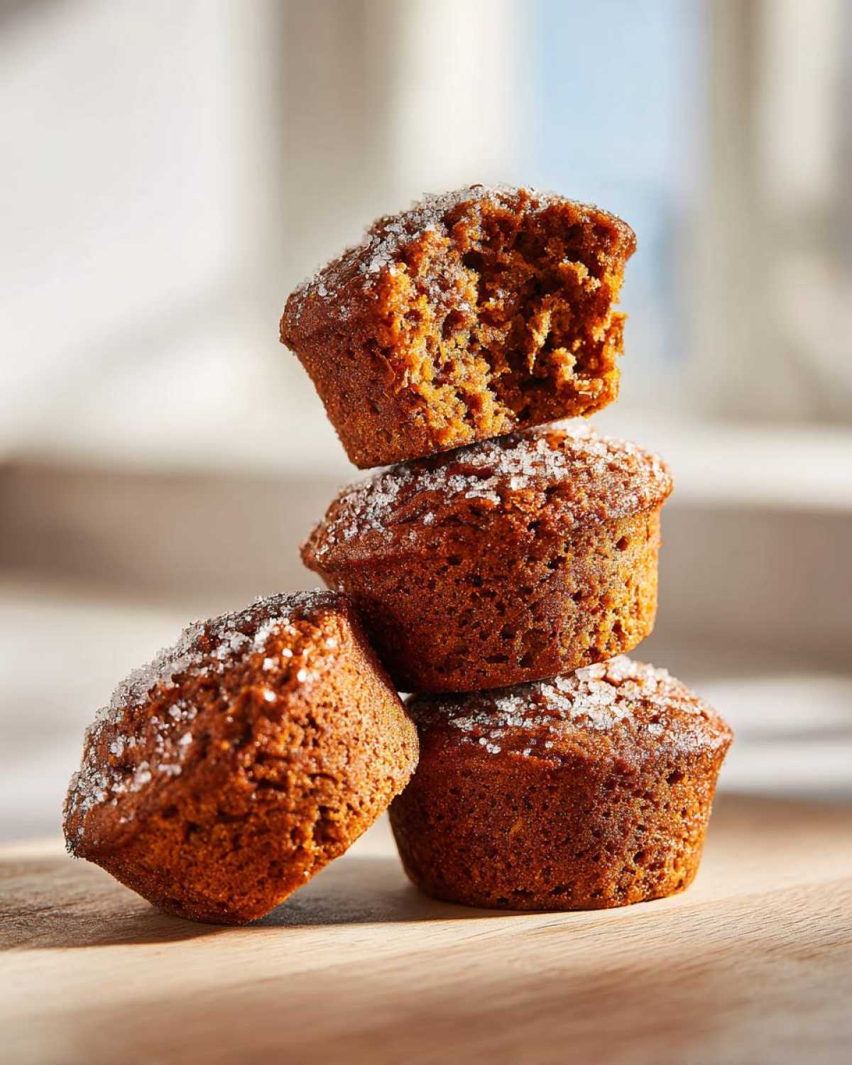 A stack of three moist bran muffins, topped with coarse sugar, with the top muffin broken open to show the texture.