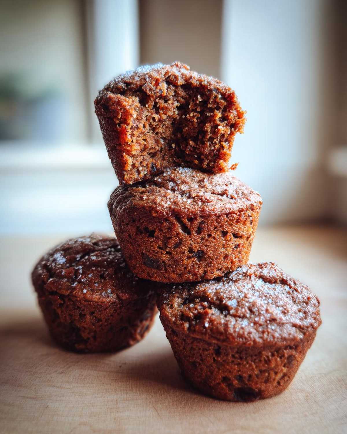 A stack of three dark, moist bran muffins, one on top broken open to show the texture.