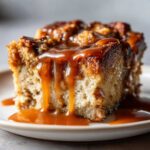 Close-up of a moist slice of bread pudding covered in thick, dripping caramel sauce.