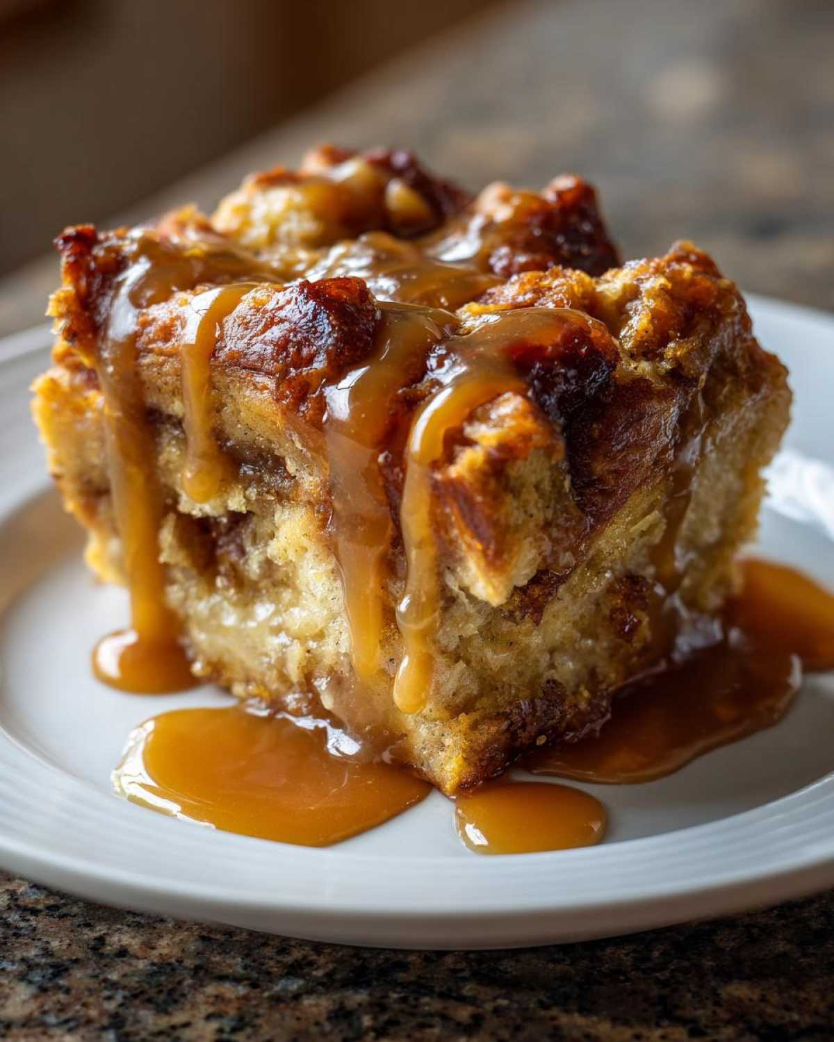 A decadent slice of bread pudding generously drizzled with thick caramel sauce, served on a white plate.