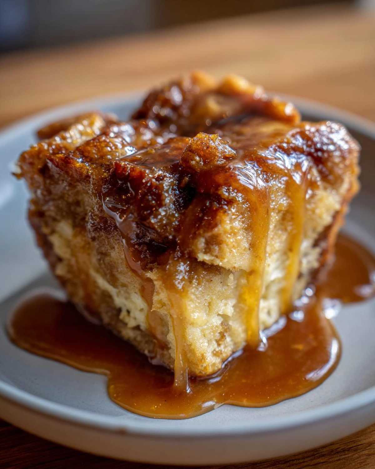A close-up of a rich slice of bread pudding generously topped with dripping caramel sauce on a light plate.