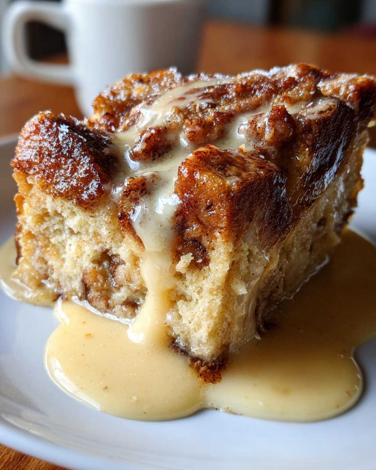 A close-up of a square slice of moist bread pudding topped with rich vanilla sauce.