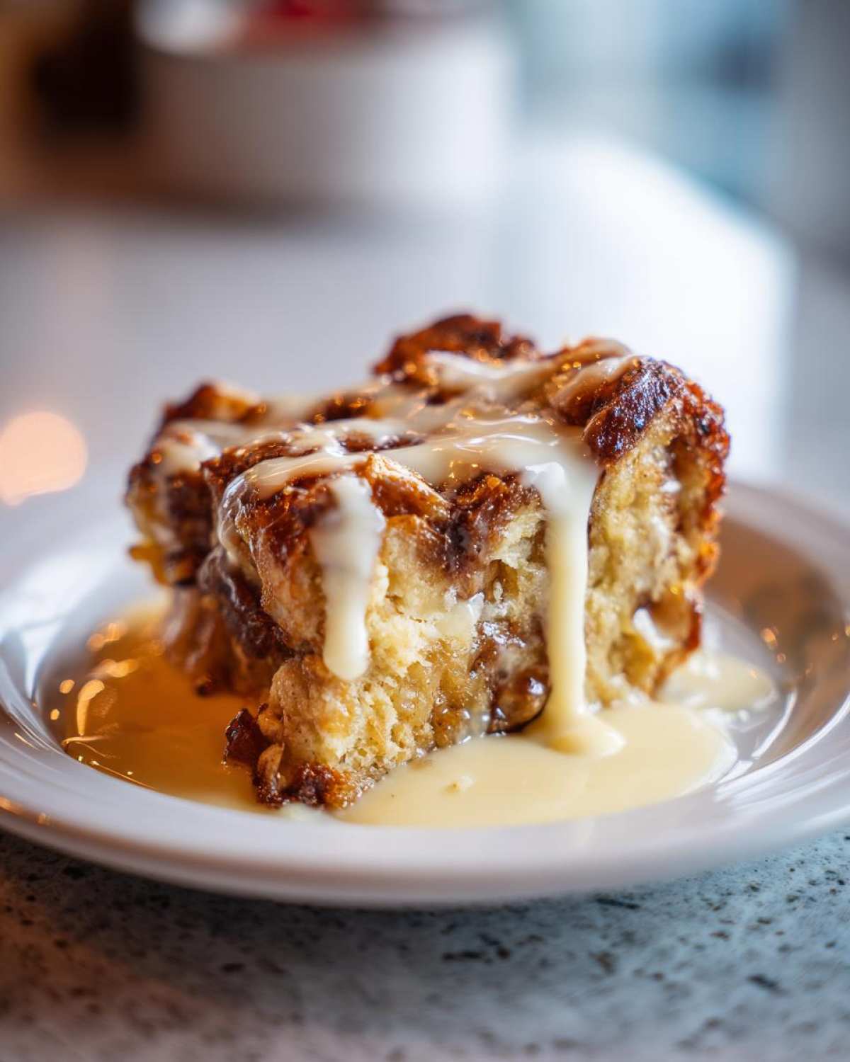 Close-up of a rich slice of bread pudding generously topped with vanilla sauce.
