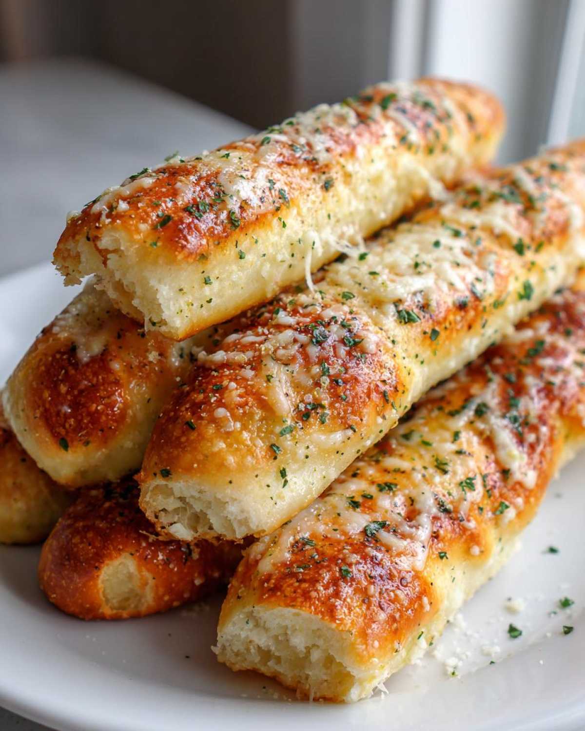 A close-up stack of freshly baked, golden brown breadsticks topped with melted cheese and parsley.