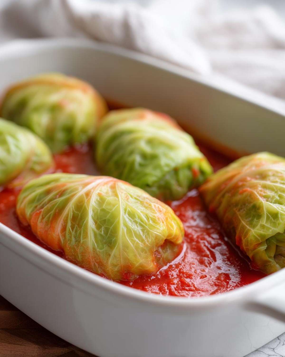 Four homemade cabbage rolls simmering in a rich tomato sauce inside a white baking dish.