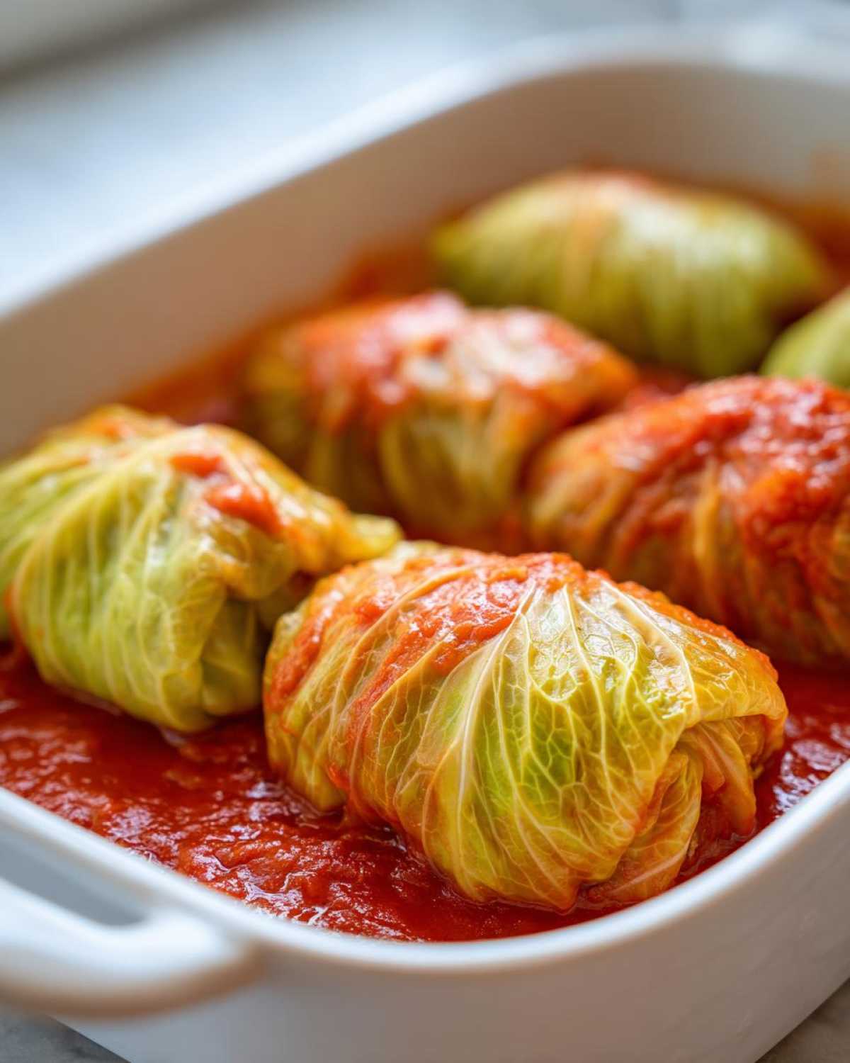Close-up of several homemade cabbage rolls simmering in a rich tomato sauce in a white baking dish.