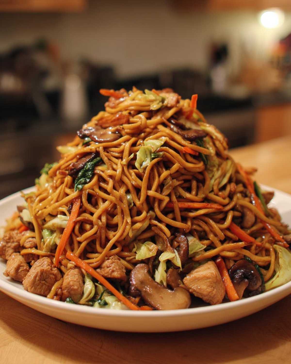 A tall mound of savory chicken chow mein recipe noodles mixed with chicken pieces, carrots, cabbage, and mushrooms.