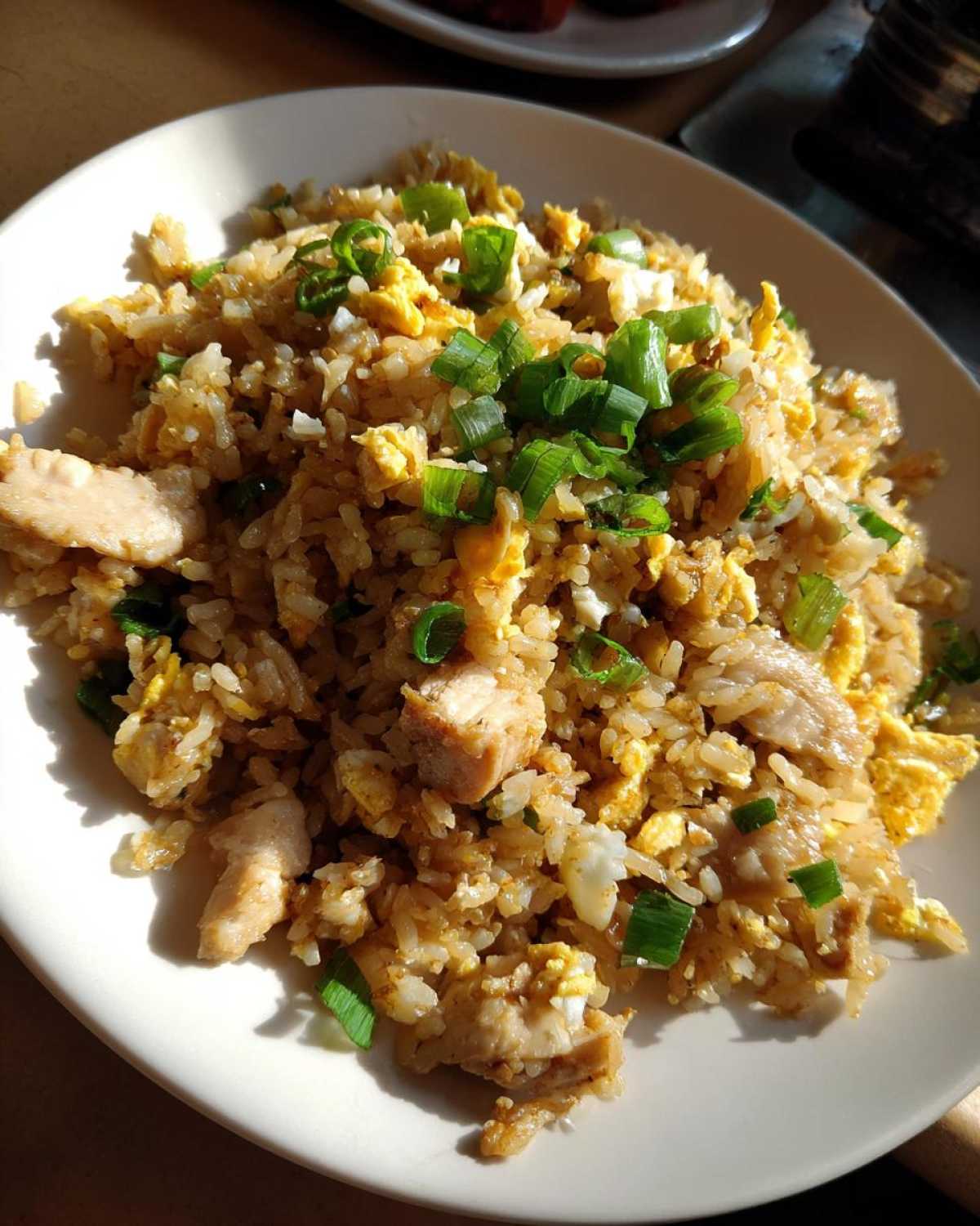 A plate of savory chicken fried rice mixed with scrambled egg pieces and topped with fresh green scallions.