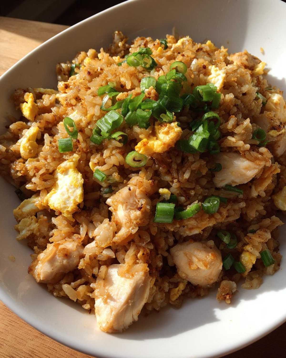 Close-up of a bowl of amazing chicken fried rice topped with fresh green onions.