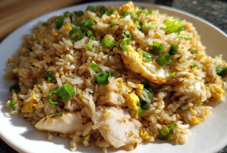 Close-up of amazing chicken fried rice piled high on a white plate, featuring pieces of chicken, scrambled egg, and green onions.