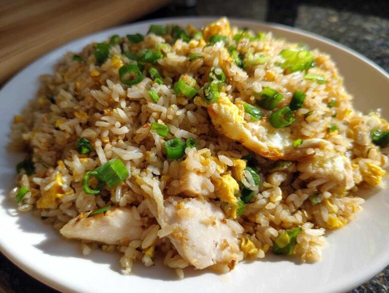 Close-up of amazing chicken fried rice piled high on a white plate, featuring pieces of chicken, scrambled egg, and green onions.