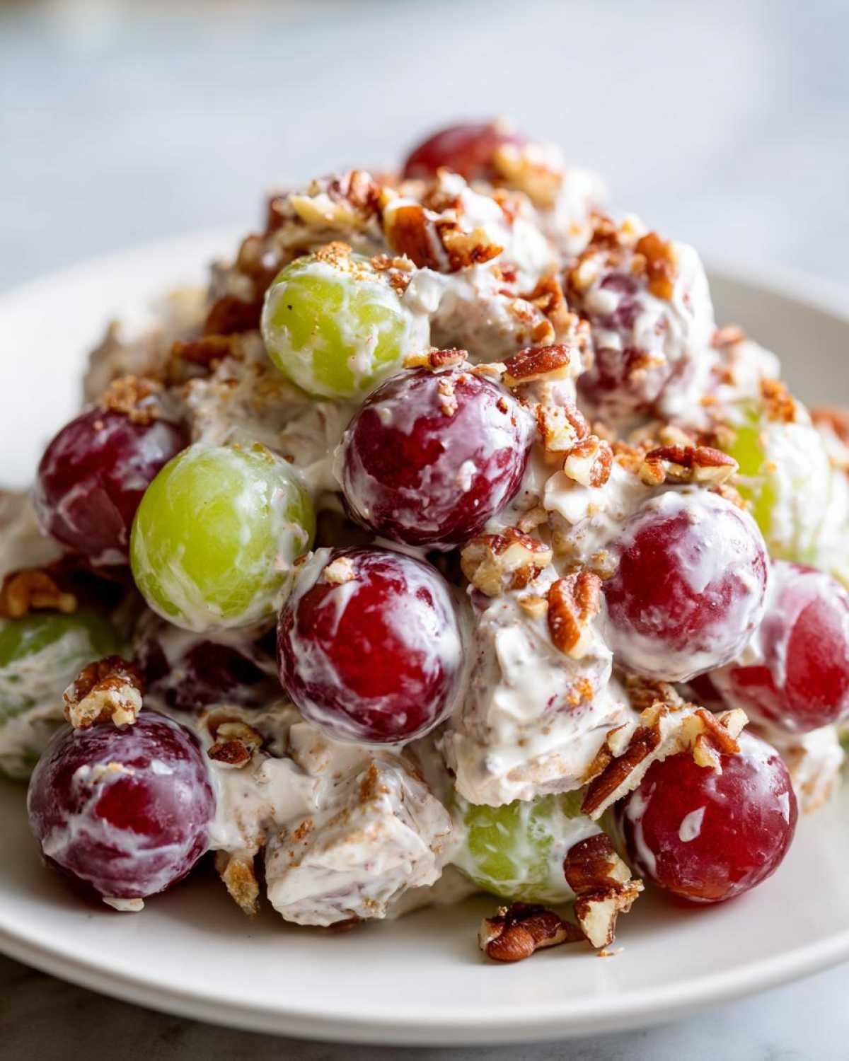Close-up of creamy chicken salad chick grape salad mixed with red and green grapes and topped with chopped pecans.