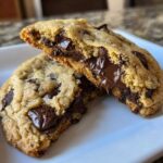 Close-up of a chocolate chip cookie broken in half, showing a molten, gooey chocolate center.