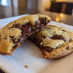 A warm chocolate chip cookie broken in half showing gooey, melted chocolate chips inside.