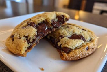 A warm chocolate chip cookie broken in half showing gooey, melted chocolate chips inside.