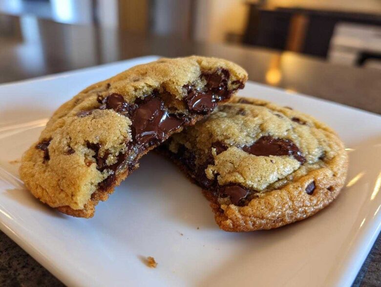 A warm chocolate chip cookie broken in half showing gooey, melted chocolate chips inside.