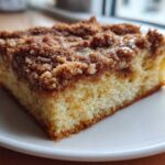 Close-up of a moist slice of coffee cake featuring a thick, crumbly cinnamon streusel topping drizzled with glaze.