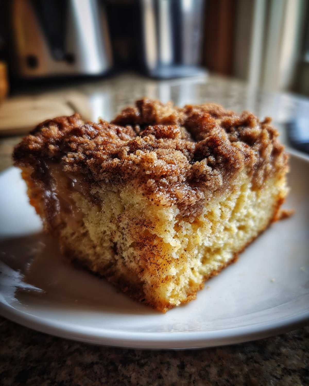 Close-up of a moist slice of coffee cake featuring a thick, crumbly cinnamon streusel topping.