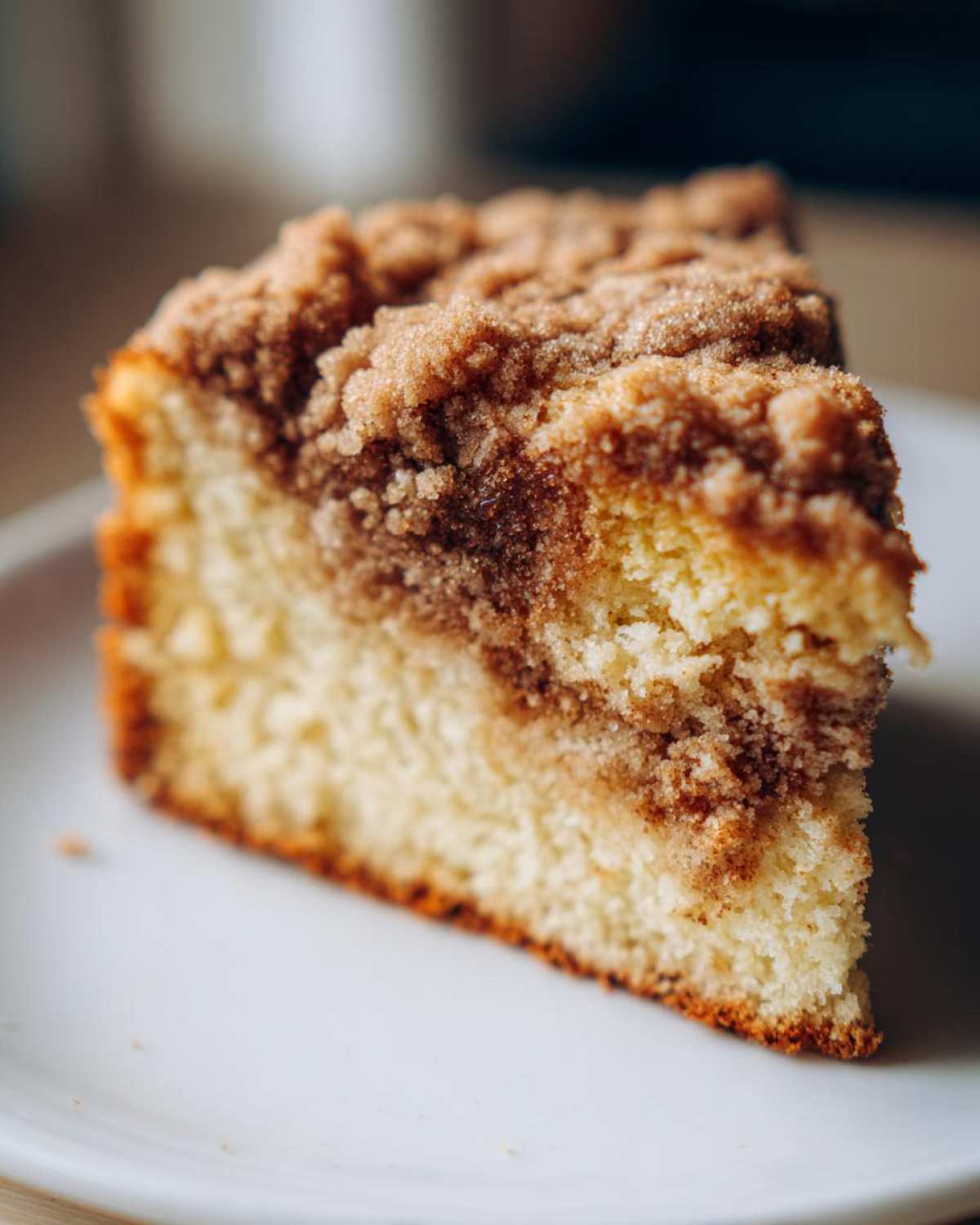 Close-up of a moist slice of coffee cake featuring a thick layer of cinnamon streusel topping.