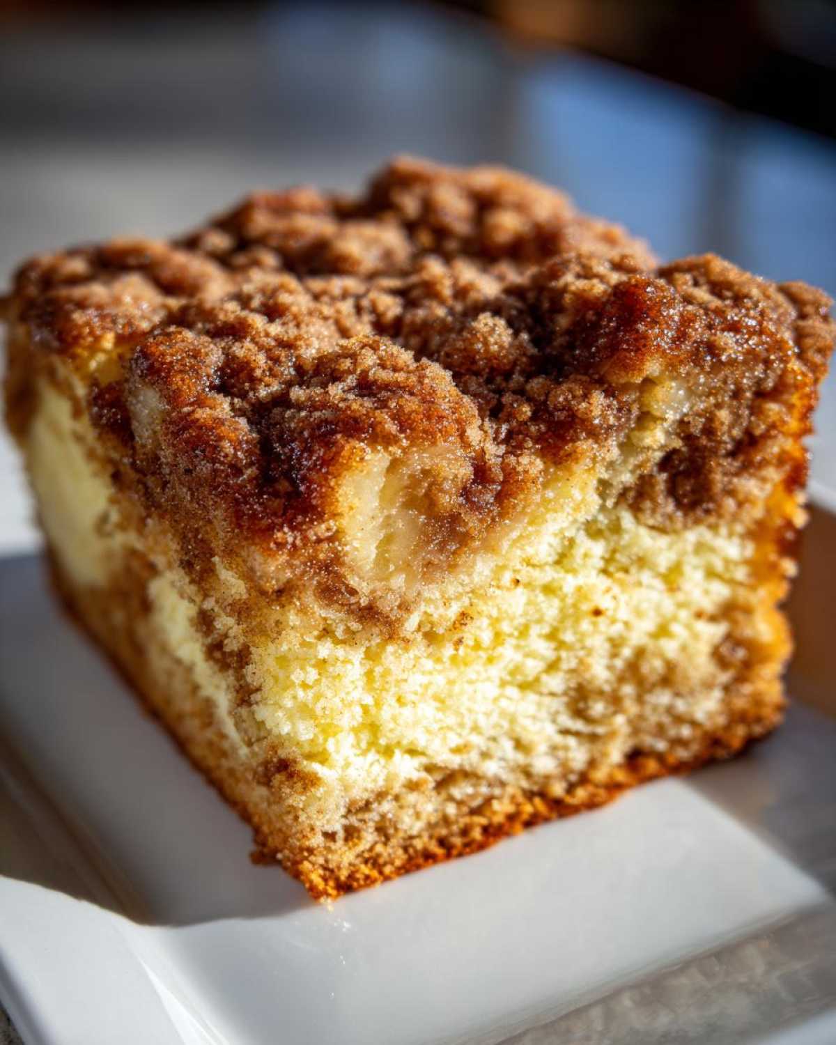 A close-up, brightly lit slice of moist coffee cake featuring a thick, crumbly cinnamon streusel topping.